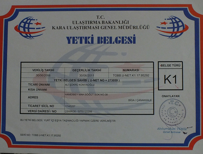 Eskon Nakliyat K1 Belgesi